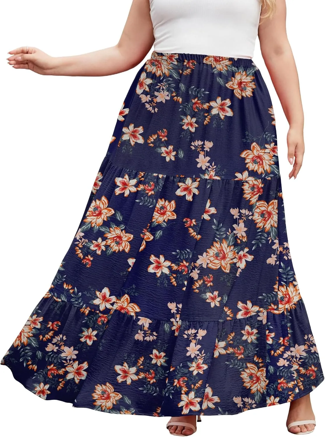 SHIJIALI Women's Plus Size Casual Boho High Waisted Flowy Maxi Skirts Trendy Floral Pleated Long Skirts with Pockets