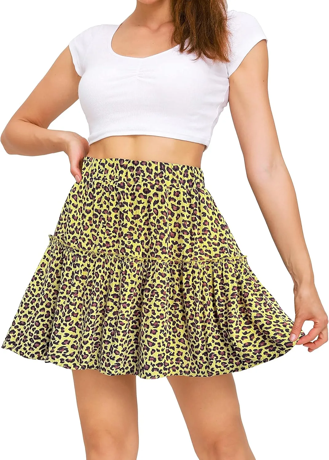 Sinono Women's Summer High Waist Ruffle Floral Print Swing A Line Pleated Beach Mini Skirt