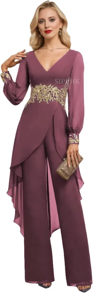 SIPUHK 2 PCs Pant Suits for Women Dressy Gold Applique Outfit Chiffon Long Sleeve Mother of The Bride Pantsuit for Wedding