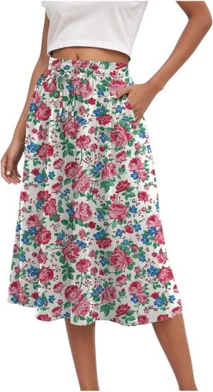 Skirts for Women Spring Summer Boho Floral Print High Waist Flowy Split A Line Midi Skirt with Pockets