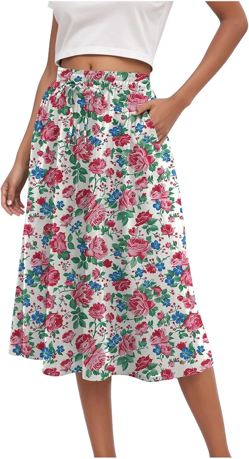 Skirts for Women Spring Summer Boho Floral Print High Waist Flowy Split A Line Midi Skirt with Pockets