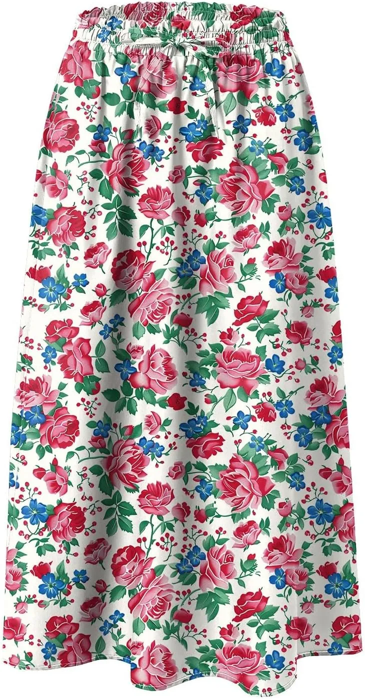 Skirts for Women Spring Summer Boho Floral Print High Waist Flowy Split A Line Midi Skirt with Pockets
