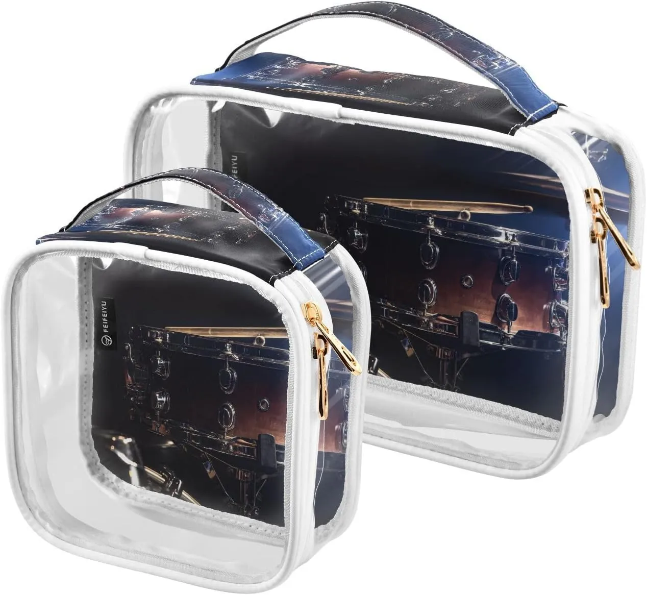 Snare-drum-percussion Print 2 Pack Clear Toiletry Bag Women Men, Portable Waterproof Clear Pouch, Cosmetic Bag with Double Zippers Large Opening Traveling with Handle for Bathroom Traveling Vacation O