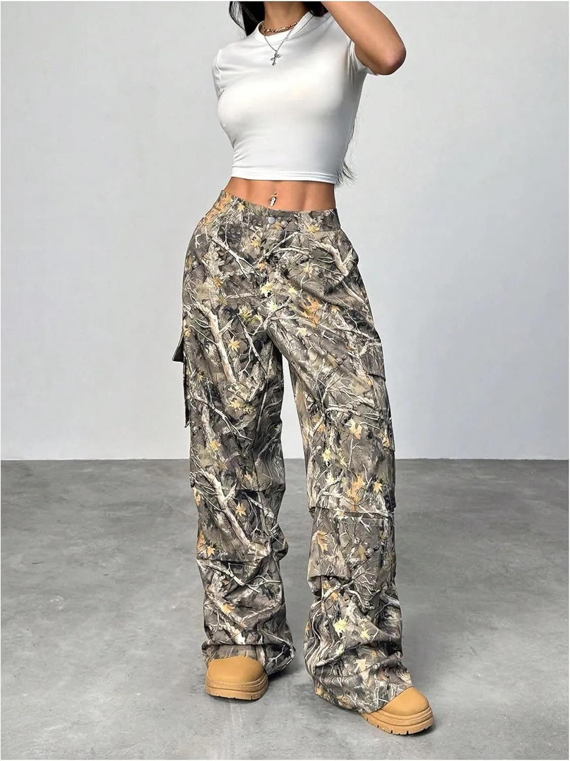 SOLY HUX Women's Camo Baggy Cargo Pants High Waisted Wide Leg Trousers Sweatpants Hip Hop Streetwear