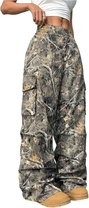 SOLY HUX Women's Camo Baggy Cargo Pants High Waisted Wide Leg Trousers Sweatpants Hip Hop Streetwear