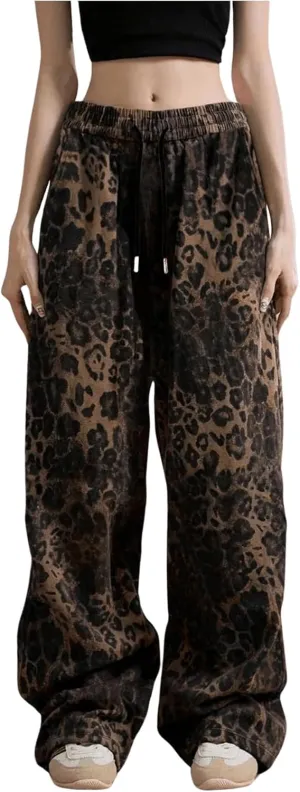 SOLY HUX Women's Plus Size Leopard Print Sweatpants Drawstring Waist Wide Leg Y2k Pants with Pockets