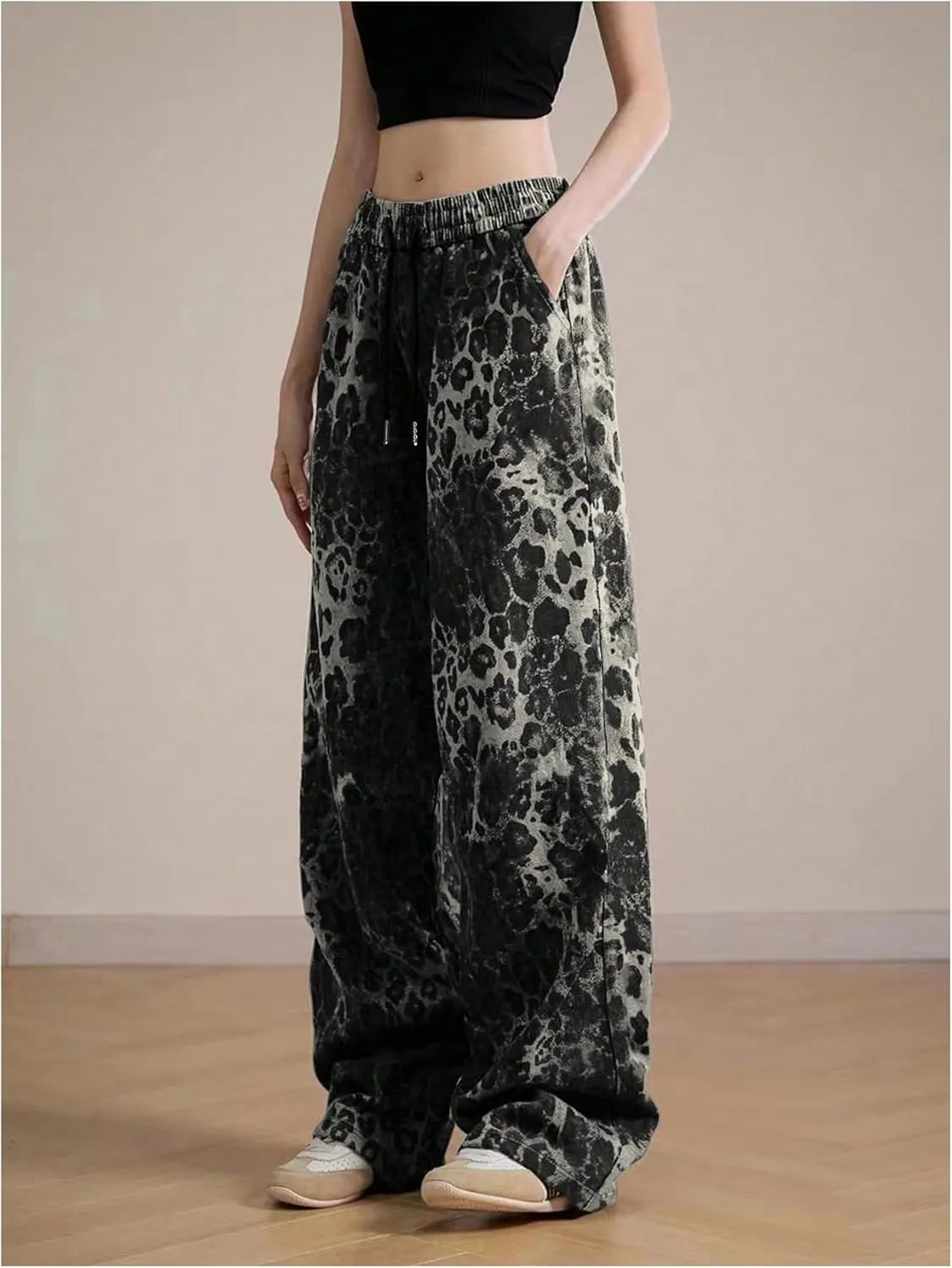 SOLY HUX Women's Plus Size Leopard Print Sweatpants Drawstring Waist Wide Leg Y2k Pants with Pockets