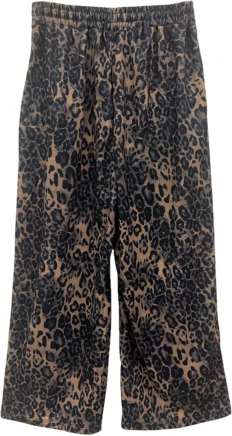 SOLY HUX Women's Plus Size Leopard Print Sweatpants Drawstring Waist Wide Leg Y2k Pants with Pockets