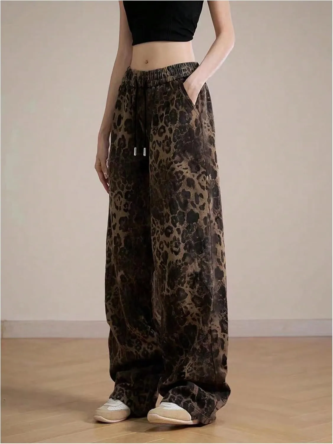 SOLY HUX Women's Plus Size Leopard Print Sweatpants Drawstring Waist Wide Leg Y2k Pants with Pockets