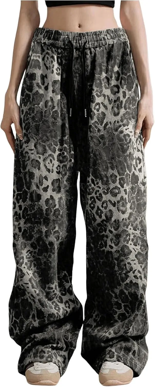 SOLY HUX Women's Plus Size Leopard Print Sweatpants Drawstring Waist Wide Leg Y2k Pants with Pockets