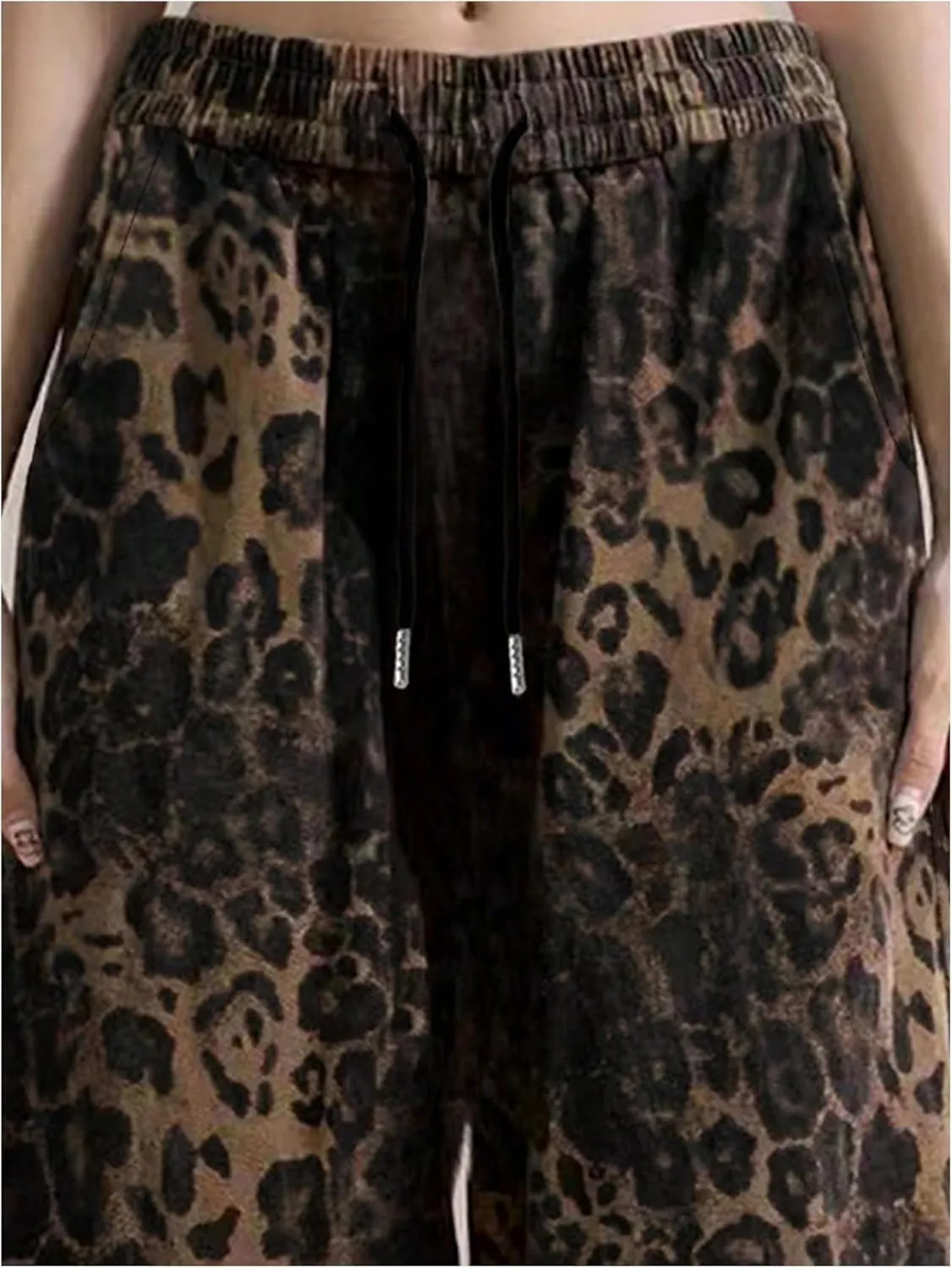 SOLY HUX Women's Plus Size Leopard Print Sweatpants Drawstring Waist Wide Leg Y2k Pants with Pockets