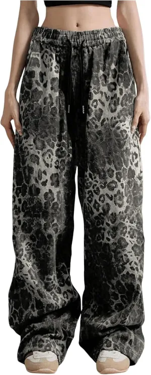 SOLY HUX Women's Plus Size Leopard Print Sweatpants Drawstring Waist Wide Leg Y2k Pants with Pockets