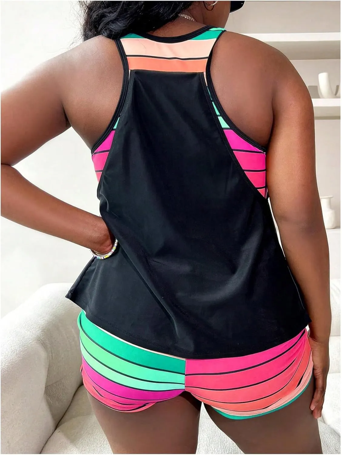 SOLY HUX Women's Plus Size Tankini Set Striped Tropical Print Tops and Shorts Bikini Bathing Suits 2 Piece Swimsuit