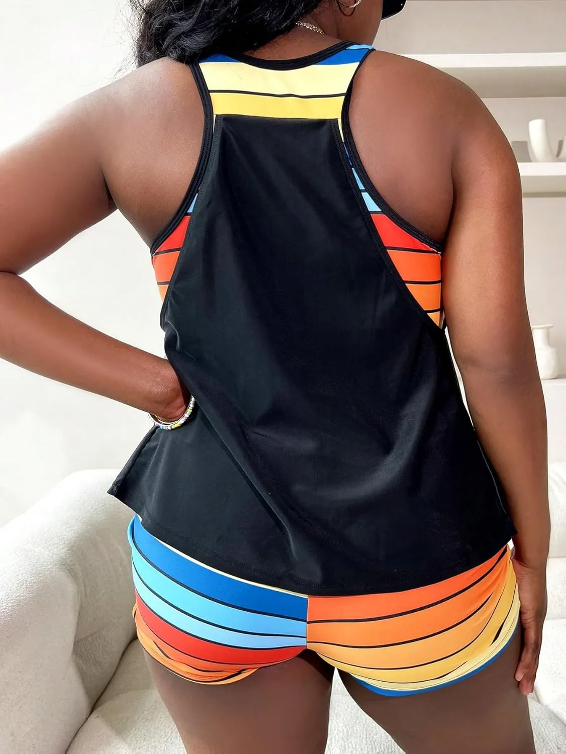 SOLY HUX Women's Plus Size Tankini Set Striped Tropical Print Tops and Shorts Bikini Bathing Suits 2 Piece Swimsuit