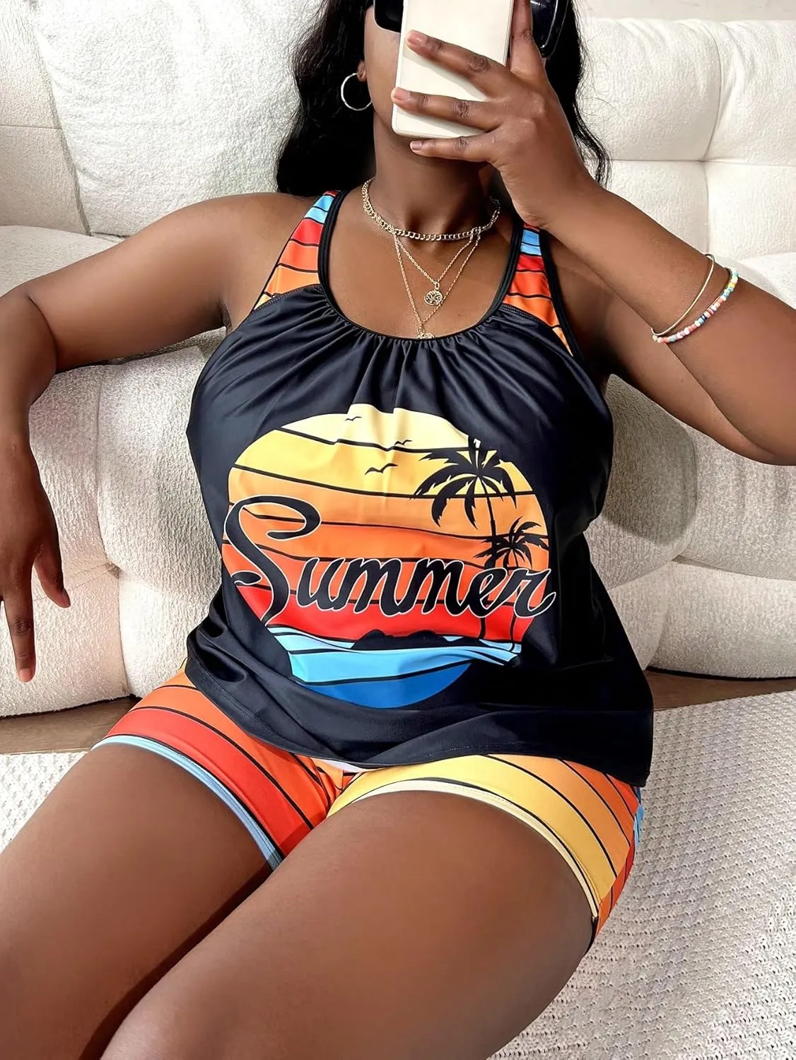 SOLY HUX Women's Plus Size Tankini Set Striped Tropical Print Tops and Shorts Bikini Bathing Suits 2 Piece Swimsuit