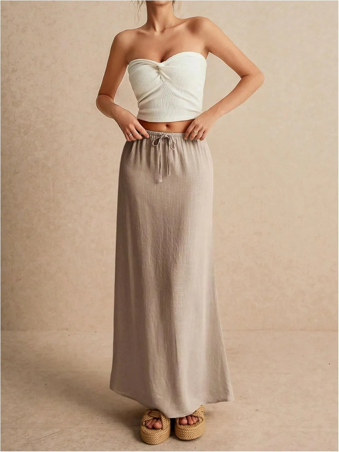 SOLY HUX Women's Summer Maxi Skirt Drawstring Low Waist A Line Casual Skirts