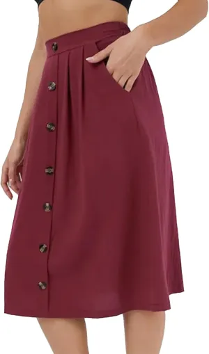 SOMTHRON Women's A Line Midi Skirt Casual High Elastic Waist Front Button Flared Solid Color Pleated Skirt with Pockets