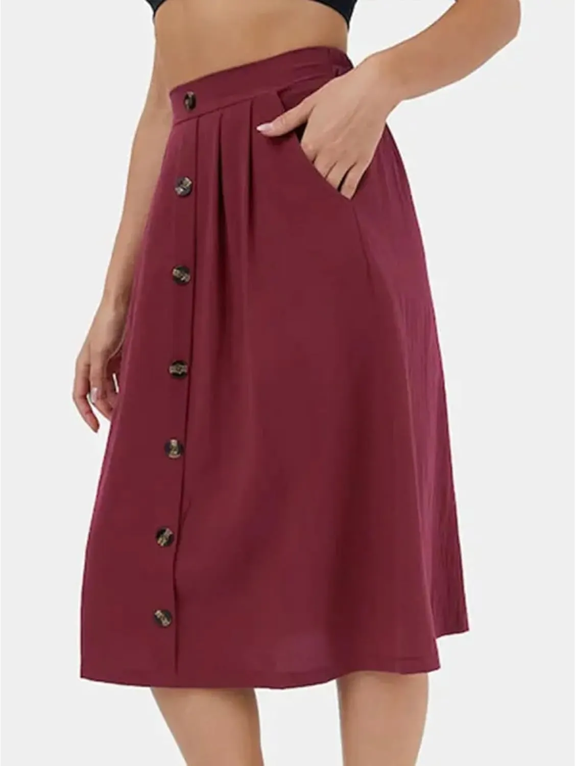 SOMTHRON Women's A Line Midi Skirt Casual High Elastic Waist Front Button Flared Solid Color Pleated Skirt with Pockets