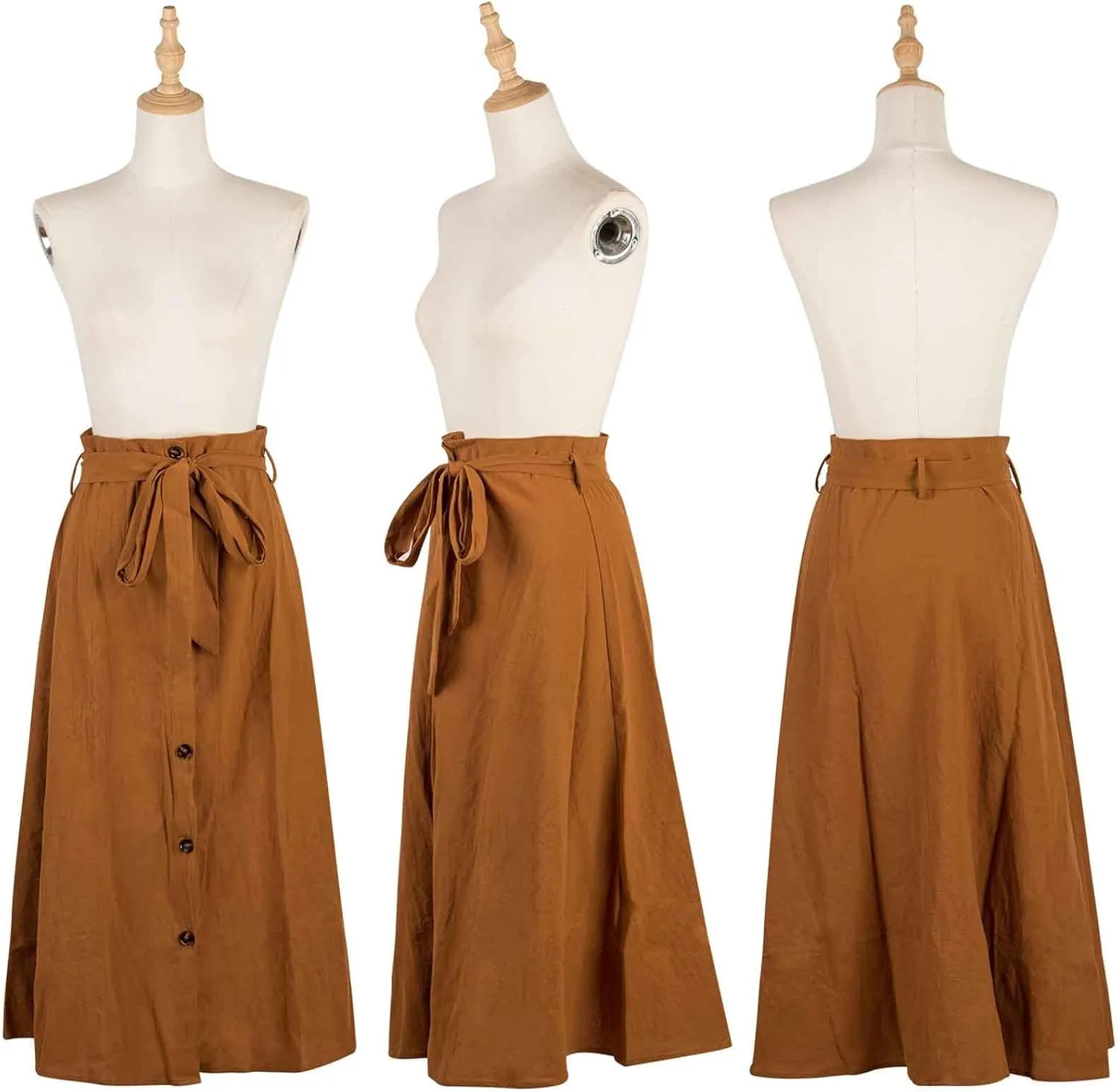 SOMTHRON Women's A Line Midi Skirt Casual High Elastic Waist Front Button Flared Solid Color Pleated Skirt with Pockets
