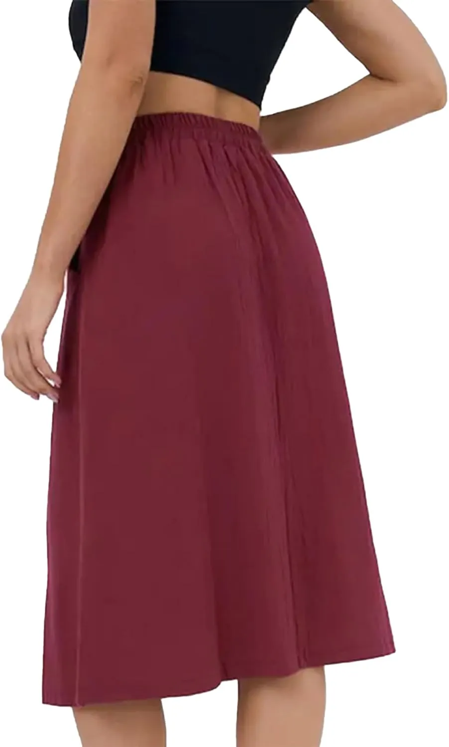 SOMTHRON Women's A Line Midi Skirt Casual High Elastic Waist Front Button Flared Solid Color Pleated Skirt with Pockets