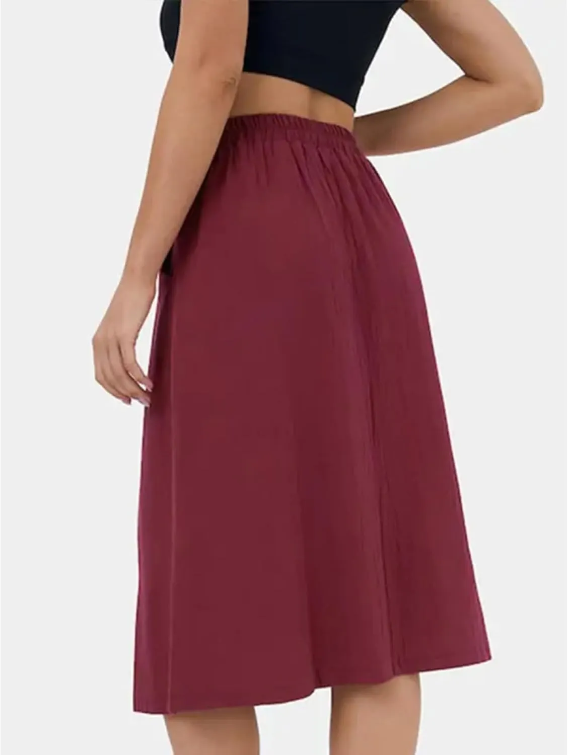 SOMTHRON Women's A Line Midi Skirt Casual High Elastic Waist Front Button Flared Solid Color Pleated Skirt with Pockets