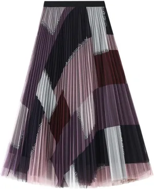 SOMTHRON Women's Tutu Tulle Skirt Elastic High Waist Layered Skirt Color Block Lace A-Line Midi Pleated Skirt