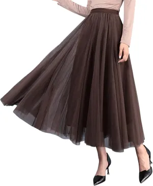 SOMTHRON Women's Tutu Tulle Skirt Elastic High Waist Layered Skirt Plain Mesh A-Line Midi Pleated Skirt