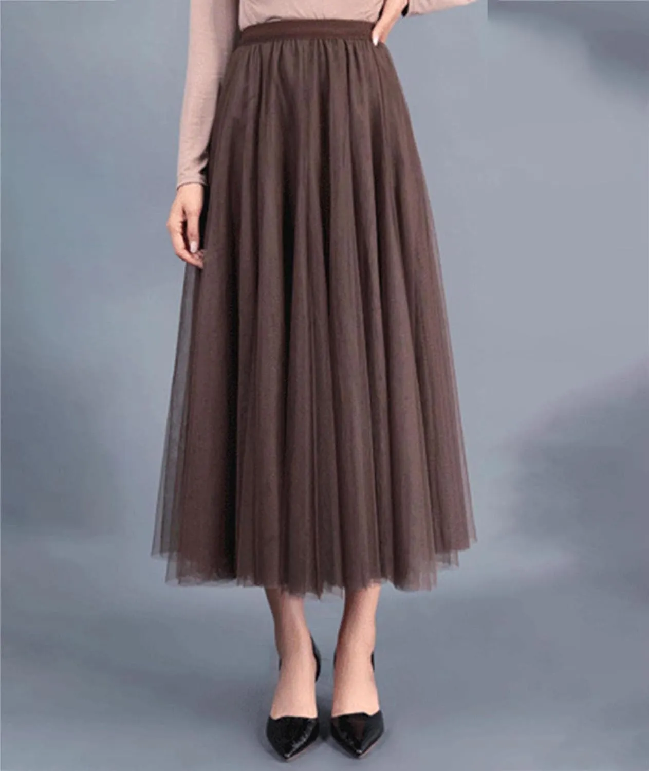 SOMTHRON Women's Tutu Tulle Skirt Elastic High Waist Layered Skirt Plain Mesh A-Line Midi Pleated Skirt