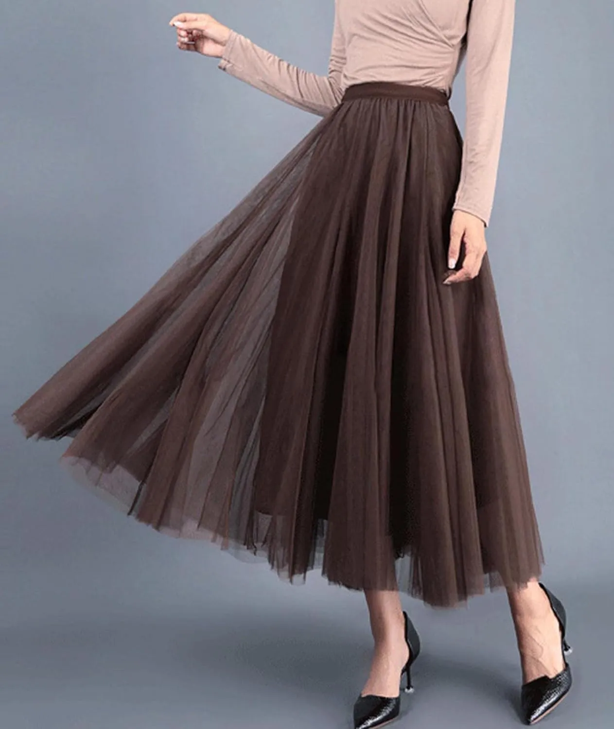 SOMTHRON Women's Tutu Tulle Skirt Elastic High Waist Layered Skirt Plain Mesh A-Line Midi Pleated Skirt