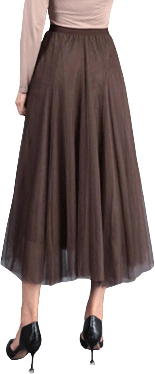 SOMTHRON Women's Tutu Tulle Skirt Elastic High Waist Layered Skirt Plain Mesh A-Line Midi Pleated Skirt