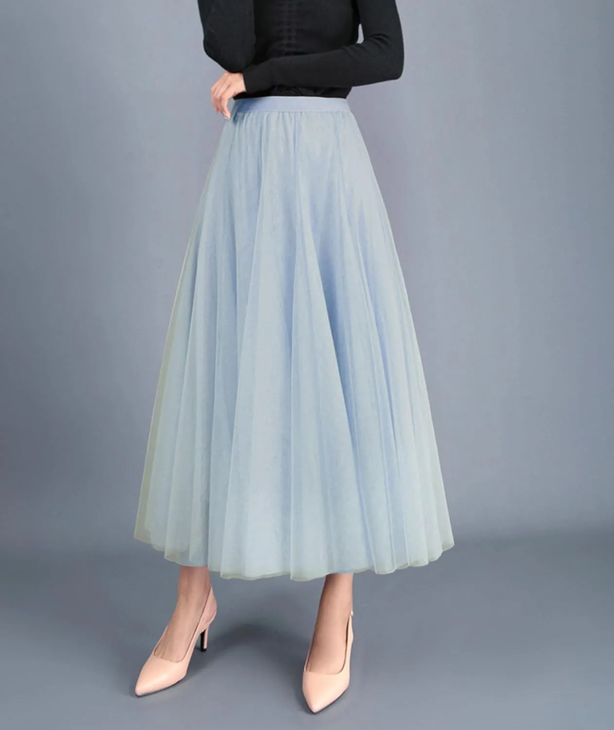SOMTHRON Women's Tutu Tulle Skirt Elastic High Waist Layered Skirt Plain Mesh A-Line Midi Pleated Skirt