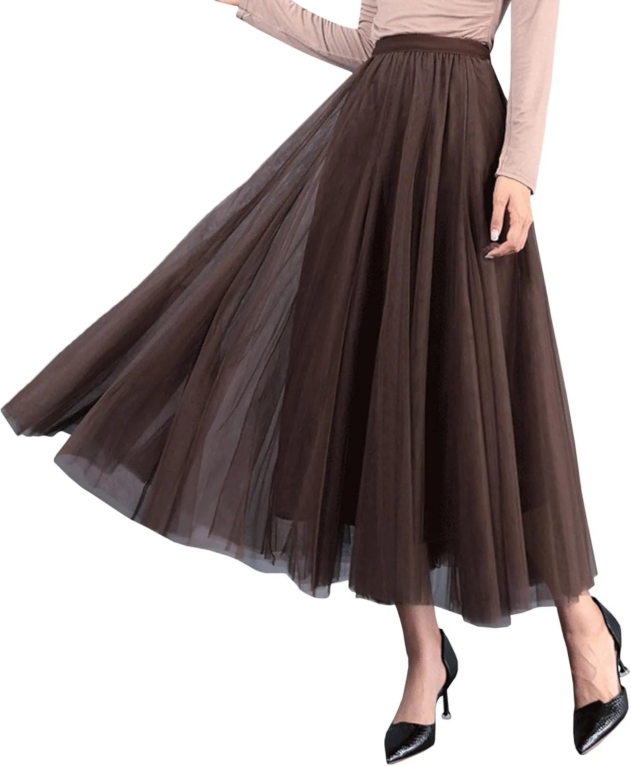 SOMTHRON Women's Tutu Tulle Skirt Elastic High Waist Layered Skirt Plain Mesh A-Line Midi Pleated Skirt