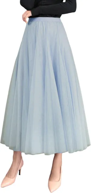 SOMTHRON Women's Tutu Tulle Skirt Elastic High Waist Layered Skirt Plain Mesh A-Line Midi Pleated Skirt