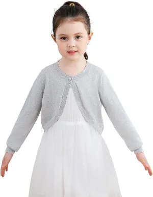 Sparkle Cardigan for Girls,Long Sleeve Bolero Shrug W/ 2 Style Button, Open Front Cropped Knit Sweater 3-13Y
