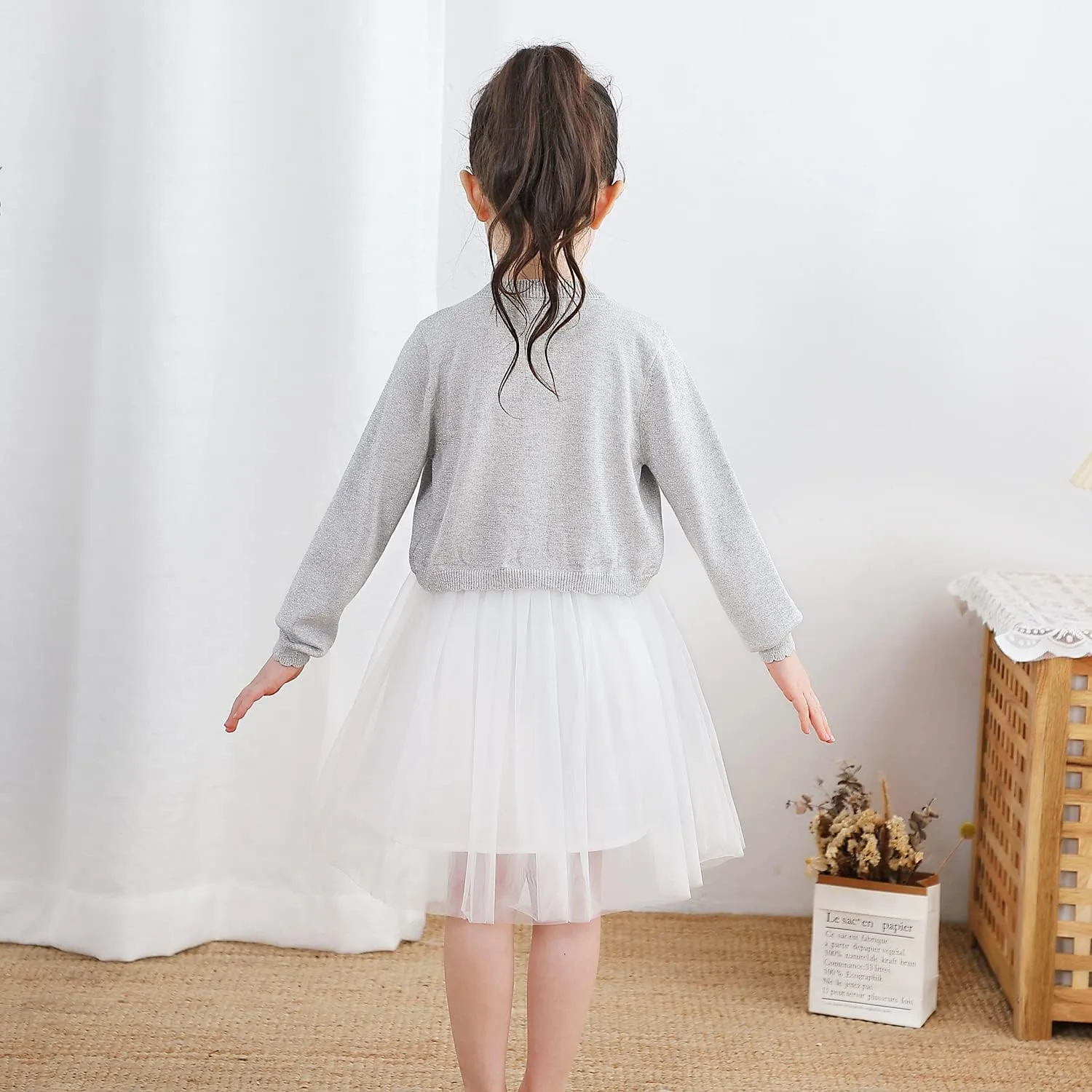 Sparkle Cardigan for Girls,Long Sleeve Bolero Shrug W/ 2 Style Button, Open Front Cropped Knit Sweater 3-13Y