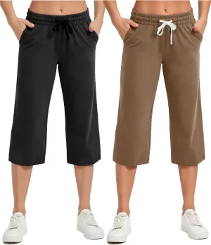 SPECIALMAGIC Women Capri Pants Cotton Yoga Wide Leg Capris Sweatpants Sports 2 Pack