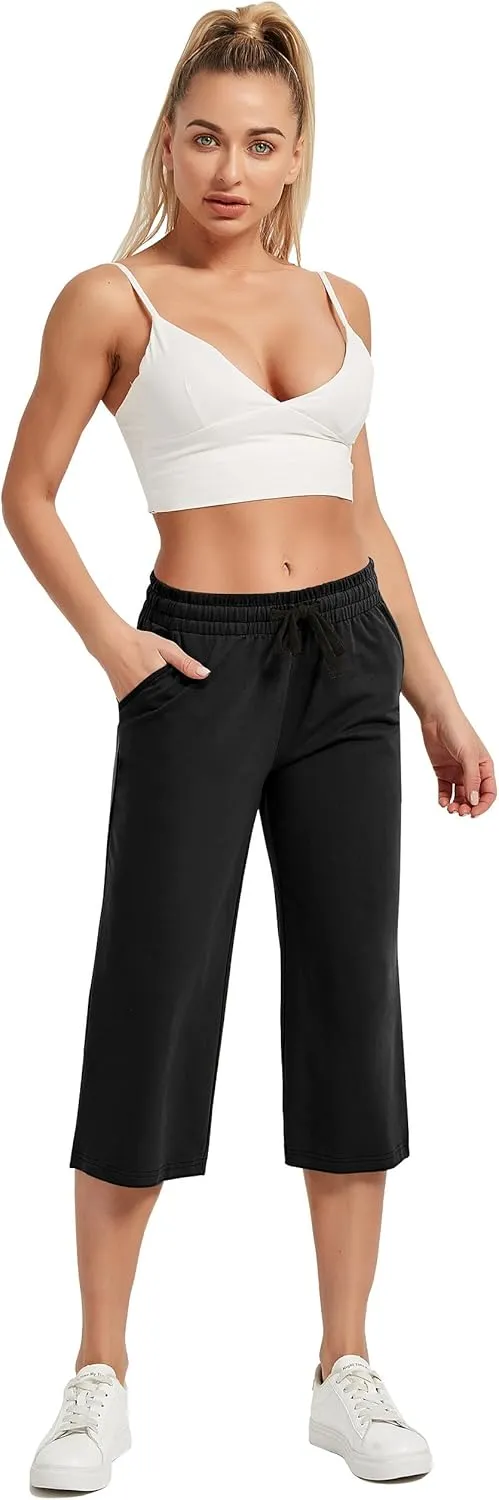 SPECIALMAGIC Women Capri Pants Cotton Yoga Wide Leg Capris Sweatpants Sports 2 Pack