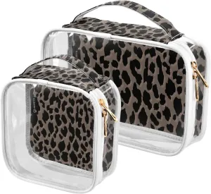 Spots-animal-skin-print 2 Pack Clear Toiletry Bag Women Men, Portable Waterproof Clear Pouch, Cosmetic Bag with Double Zippers Large Opening Traveling with Handle for Bathroom Traveling Vacation Organ