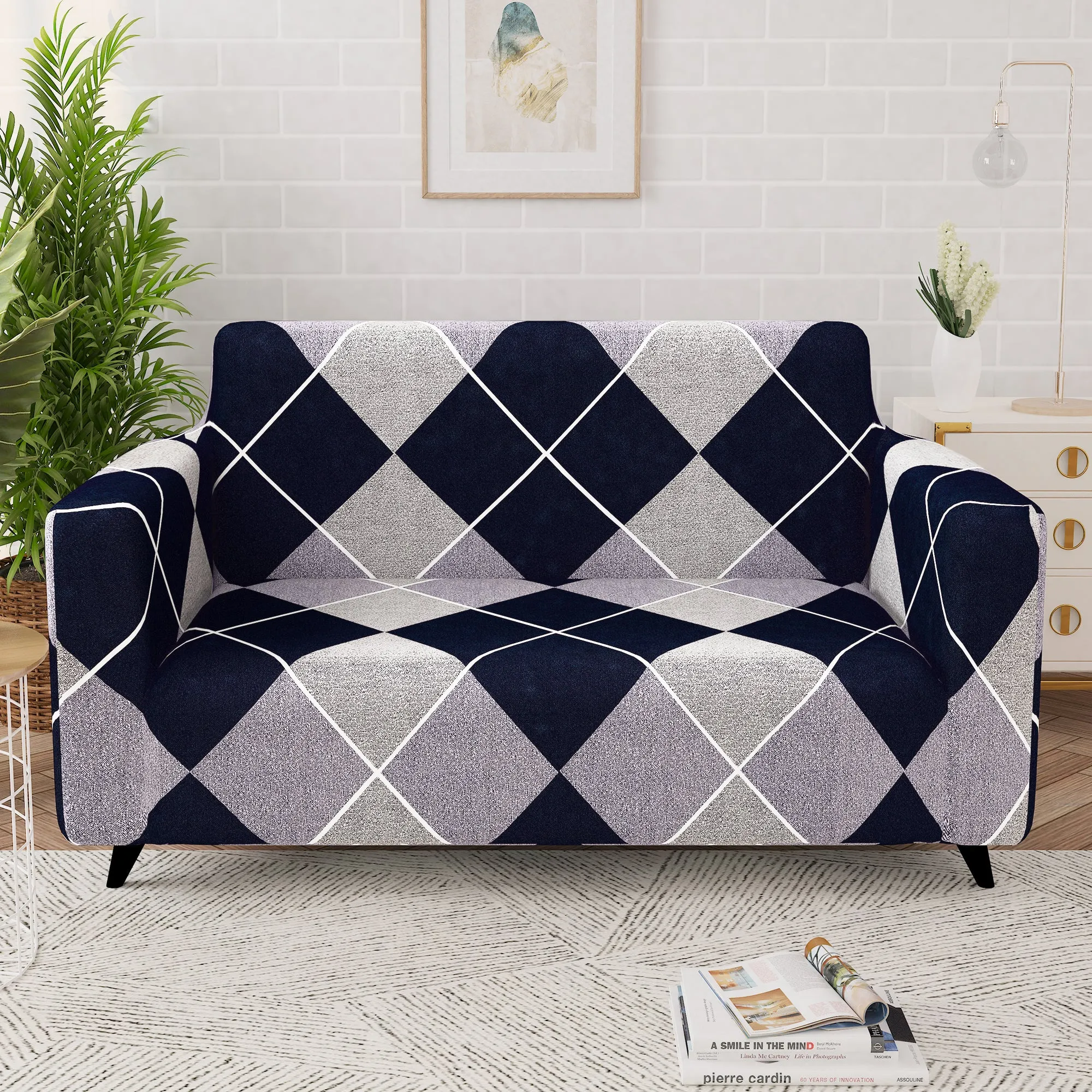 Story@Home Elastic Stretchable 1 | 2 | 3 | 4 Seater Navy Blue And Grey Geometric Pattern Sofa Cover