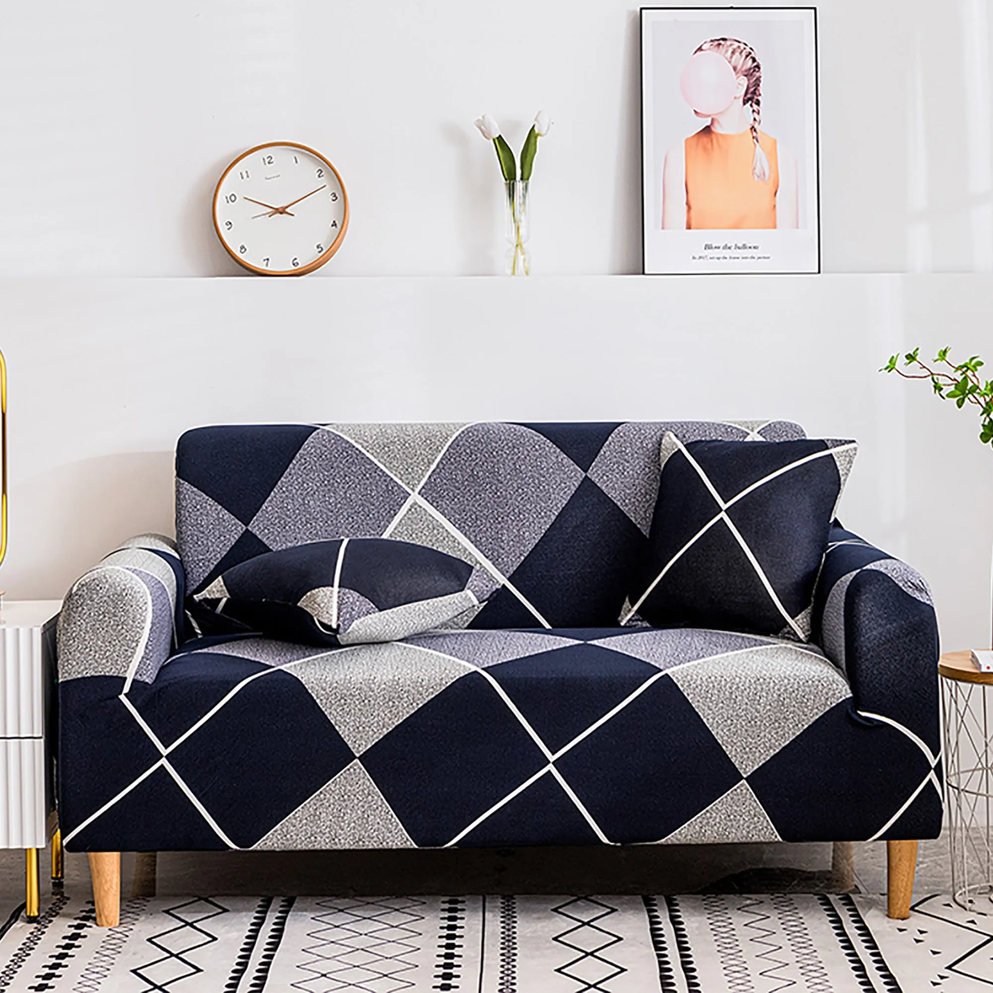 Story@Home Elastic Stretchable 1 | 2 | 3 | 4 Seater Navy Blue And Grey Geometric Pattern Sofa Cover