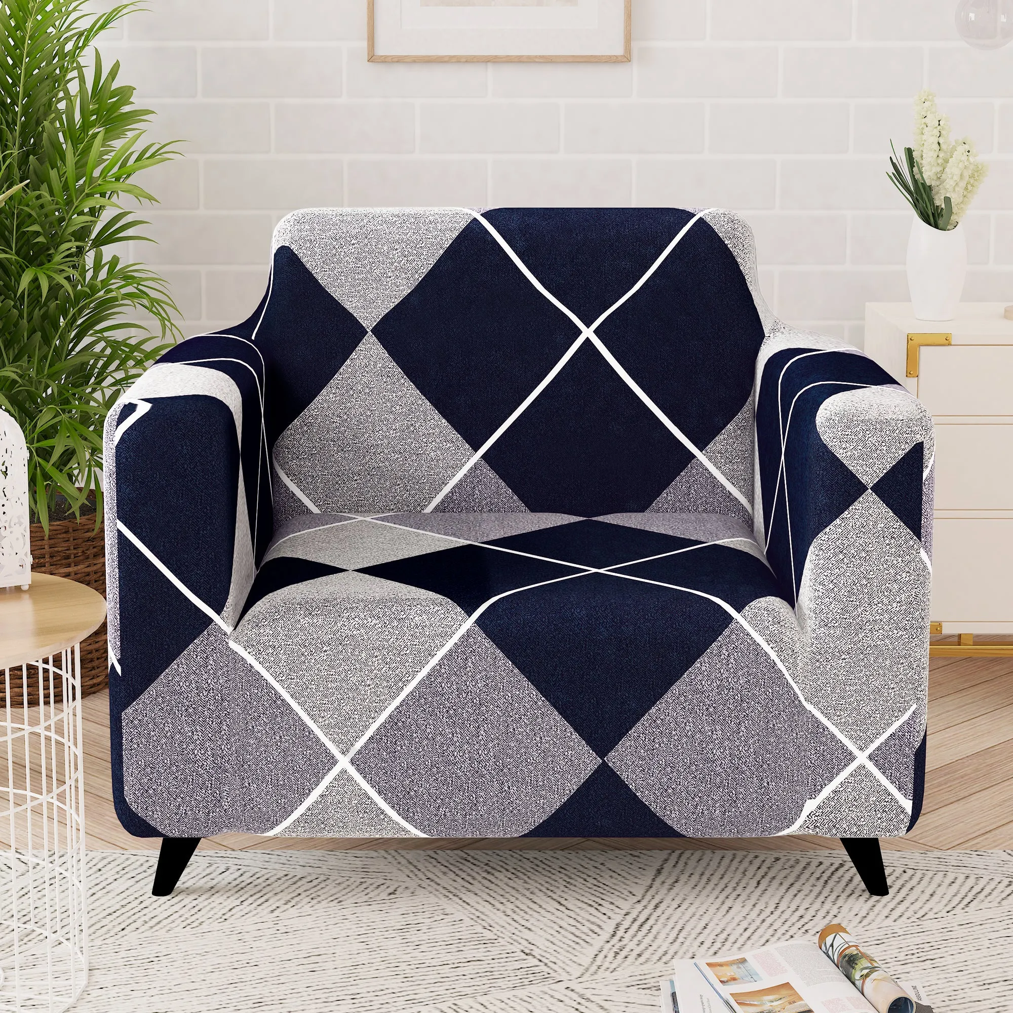 Story@Home Elastic Stretchable 1 | 2 | 3 | 4 Seater Navy Blue And Grey Geometric Pattern Sofa Cover