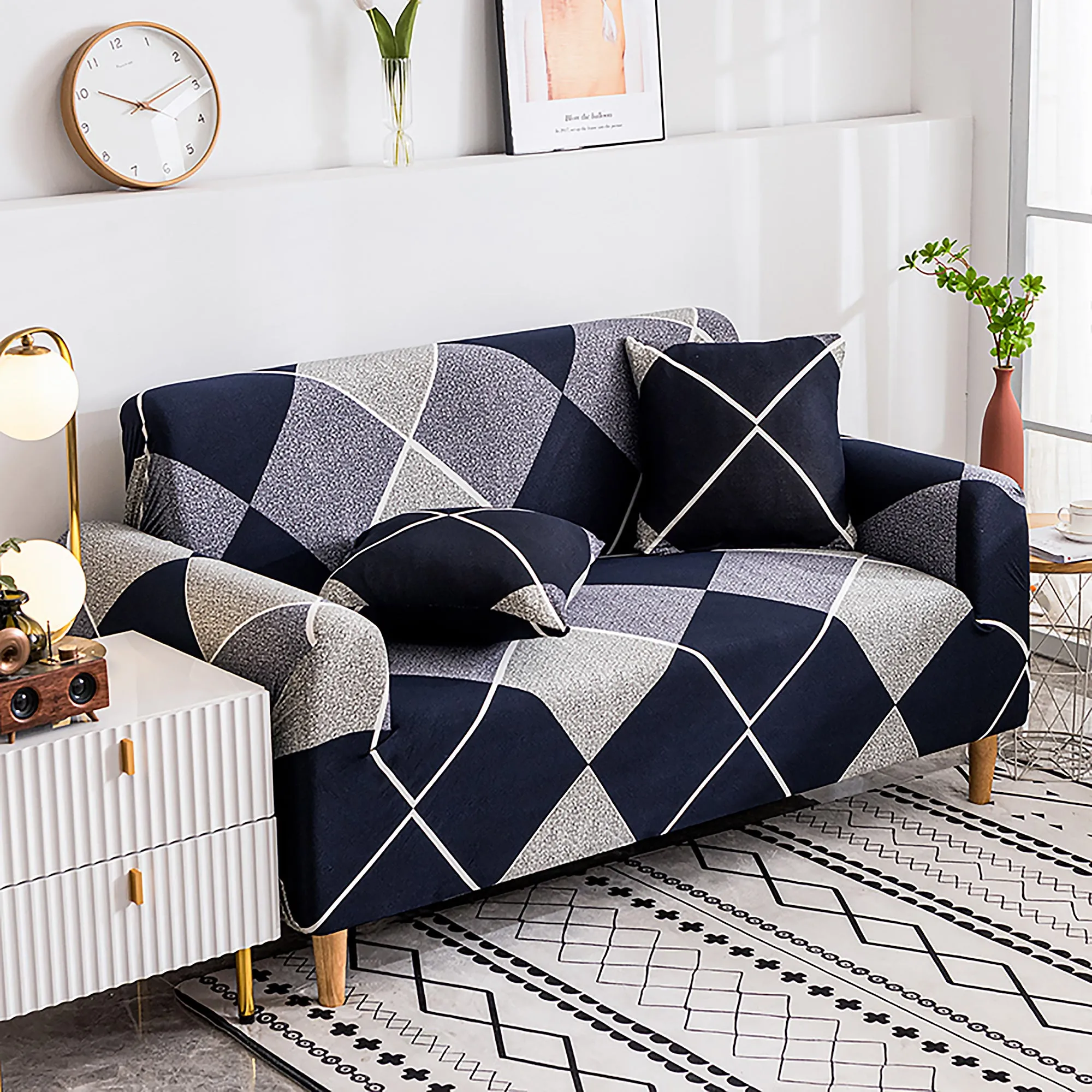 Story@Home Elastic Stretchable 1 | 2 | 3 | 4 Seater Navy Blue And Grey Geometric Pattern Sofa Cover