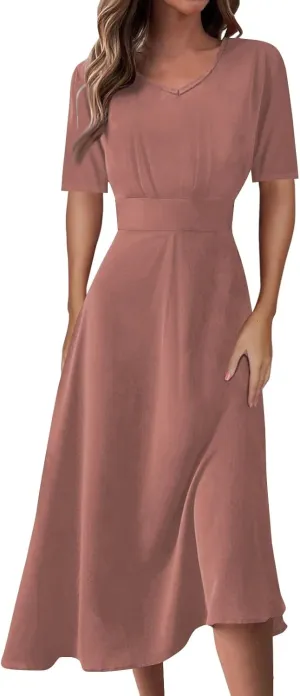 Summer Dresses for Women 2024, Women's Waisted Solid Color Casual Long Dress Plus Size Short Sleeve V-Neck Dresses