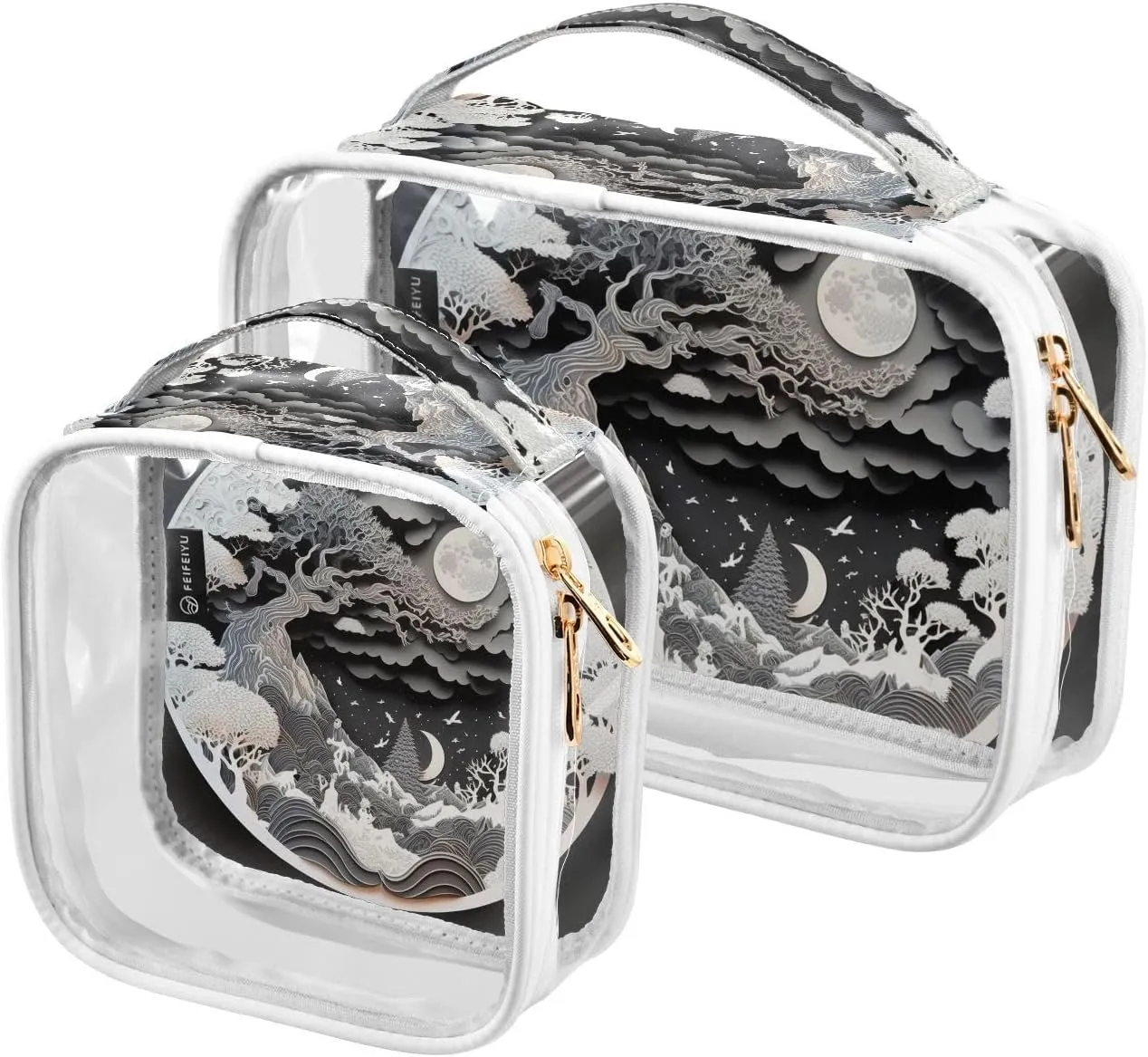 Sun and Moon 2 Pack Clear Toiletry Bag Women Men, Portable Waterproof Clear Pouch, Cosmetic Bag with Double Zippers Large Opening Traveling with Handle for Bathroom Traveling Vacation Organizing