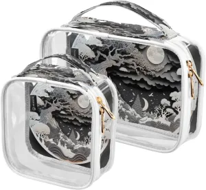 Sun and Moon 2 Pack Clear Toiletry Bag Women Men, Portable Waterproof Clear Pouch, Cosmetic Bag with Double Zippers Large Opening Traveling with Handle for Bathroom Traveling Vacation Organizing