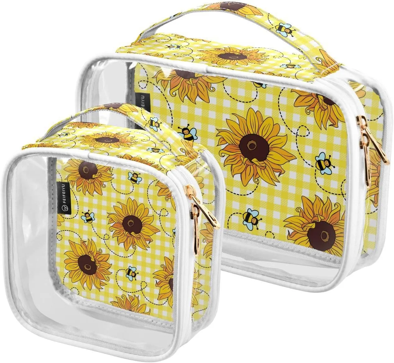 Sunflowers-bees Pattern 2 Pack Clear Toiletry Bag Women Men, Portable Waterproof Clear Pouch, Cosmetic Bag with Double Zippers Large Opening Traveling with Handle for Bathroom Traveling Vacation Organ