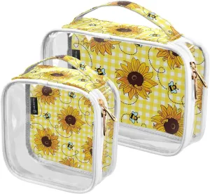 Sunflowers-bees Pattern 2 Pack Clear Toiletry Bag Women Men, Portable Waterproof Clear Pouch, Cosmetic Bag with Double Zippers Large Opening Traveling with Handle for Bathroom Traveling Vacation Organ
