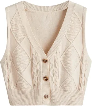SweatyRocks Women's Basic Sleeveless V Neck Button Front Sweater Vest Knitted Cardigan