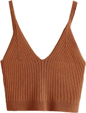 SweatyRocks Women's V Neck Crop Cami Top Ribbed Knit Spaghetti Strap Sleeveless Vest