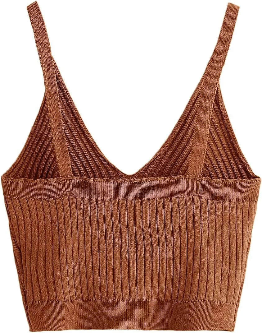 SweatyRocks Women's V Neck Crop Cami Top Ribbed Knit Spaghetti Strap Sleeveless Vest